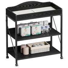 Diaper Changing Station with Pad and Wheels, Two-Tier Open Storage Shelves