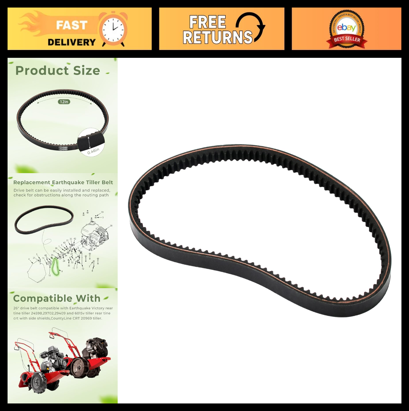 Drive Belt for Rear Tine Tiller - Fits Earthquake 24598, 29409, 29702, 6015V CRT