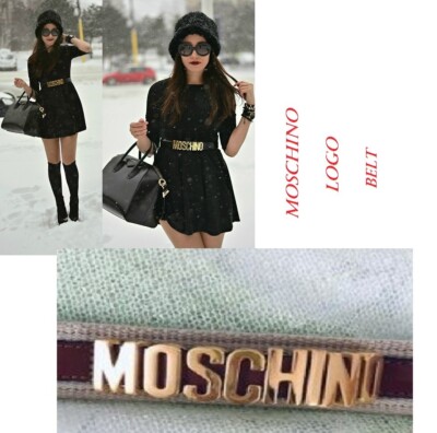 AUTH MOSCHINO LADIES BELT GOLD LETTERS LOGO LEATHER FABRIC METAL