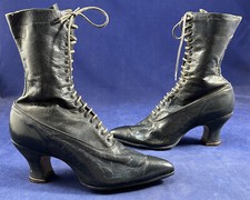 Victorian Unworn Charcoal Gray Leather High Top Lace-up Boots French Spool Heels