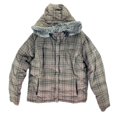 Columbia Puffer Jacket Women's Size XL Plaid Brown Ski Coat Down Insulated Hood