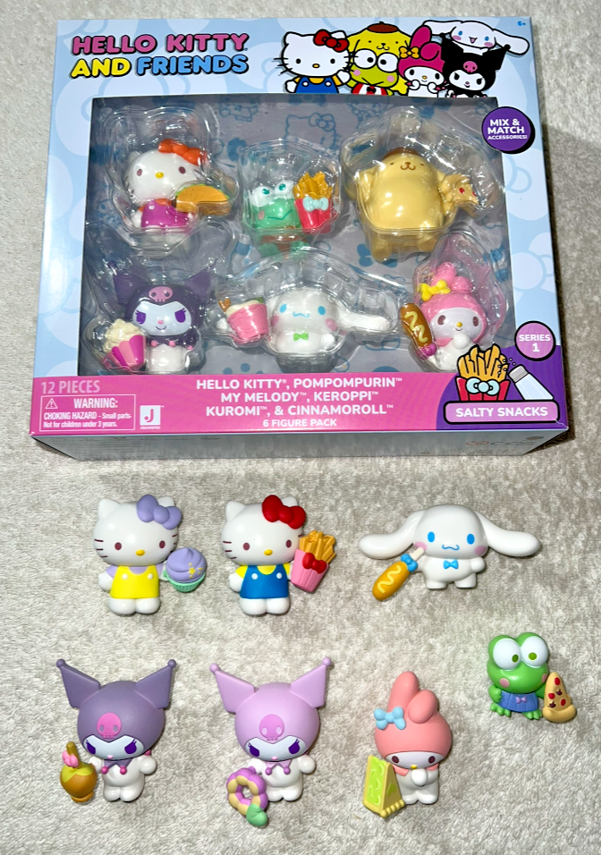 HELLO KITTY AND FRIENDS SALTY SNACKS 6 PACK + 7 MINIFIGURES **NEW