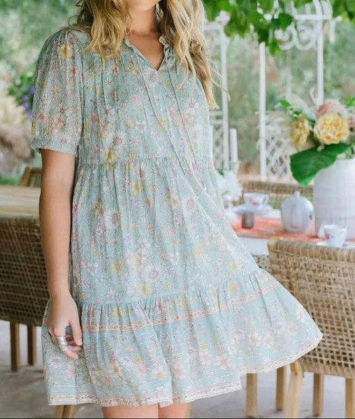House Of Skye Baby Doll Dress L/ XL 100% Cotton Shimmer Thread Detail Boho