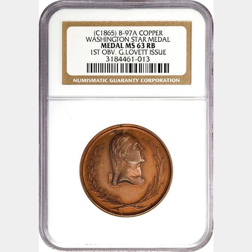 c.1865 GW-272, Baker 97A Copper Washington Stars Medal 1st Obv NGC MS-63 RB
