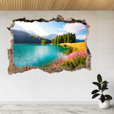 Azurblauer Teich Natur See schöne 3D zerschlagene Aussicht Wandaufkleber Poster Aufkleber A840