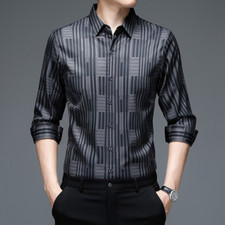 Men Silky Satin Shirt Striped Faux Silk Formal Business Slim Blouse Top Fashion