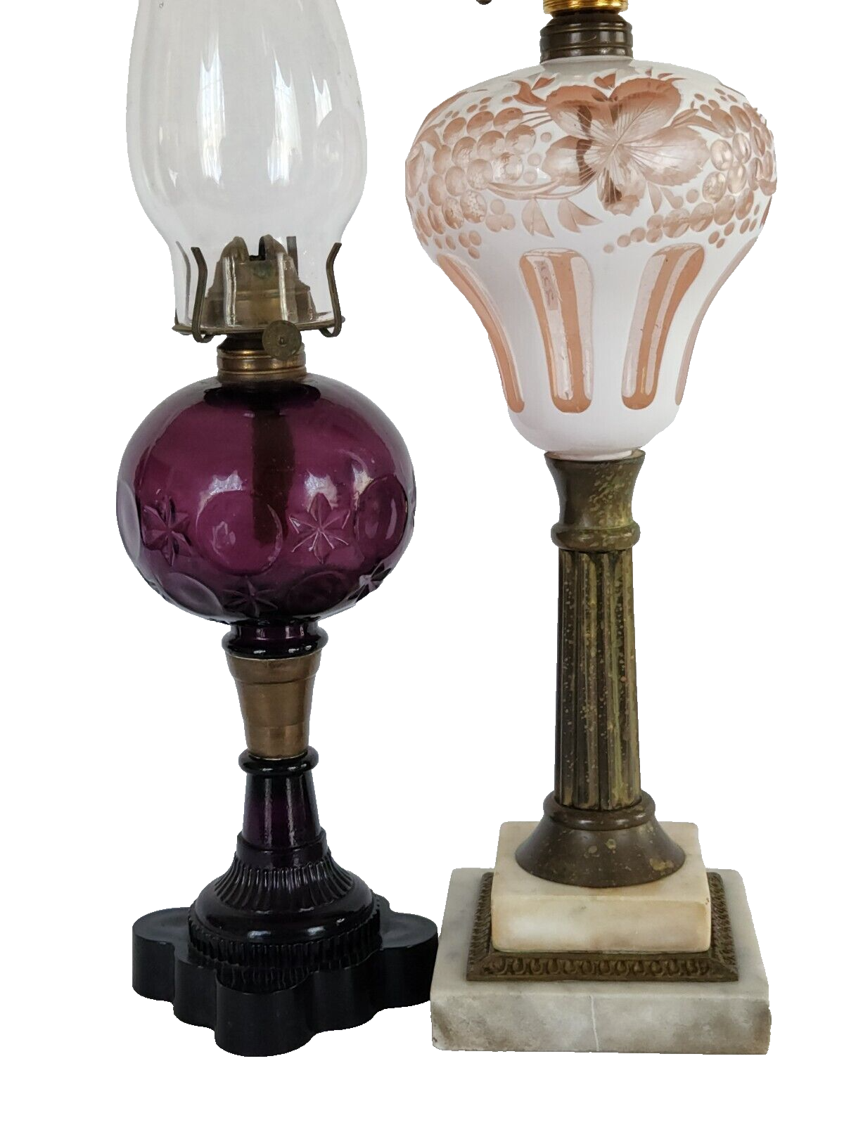 Kerosene Oil LAMP, Cut Glass, White Overlay to Pink, Brass, Marble, c1870, 15" t eBay