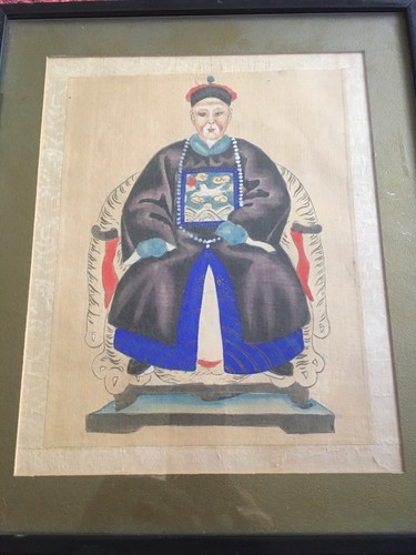 Antique Pair Chinese Ancestor Emperor & Empress framed Paintings on silk - 第 4/8 張圖片