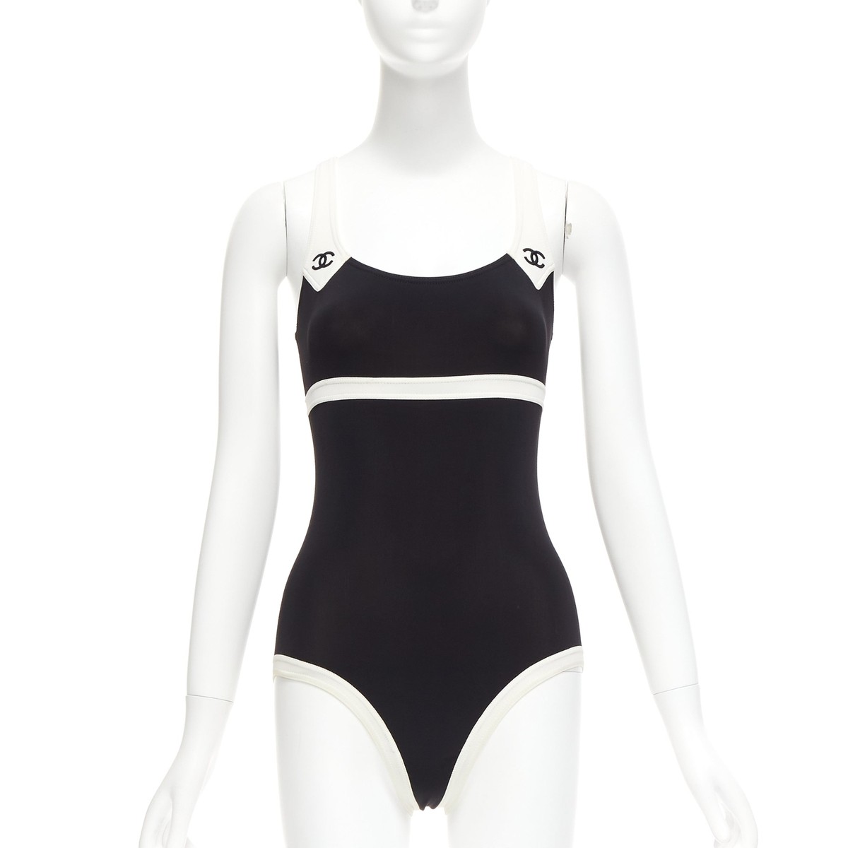 rare CHANEL 96C Vintage CC black cream colorblock swim bodysuit 