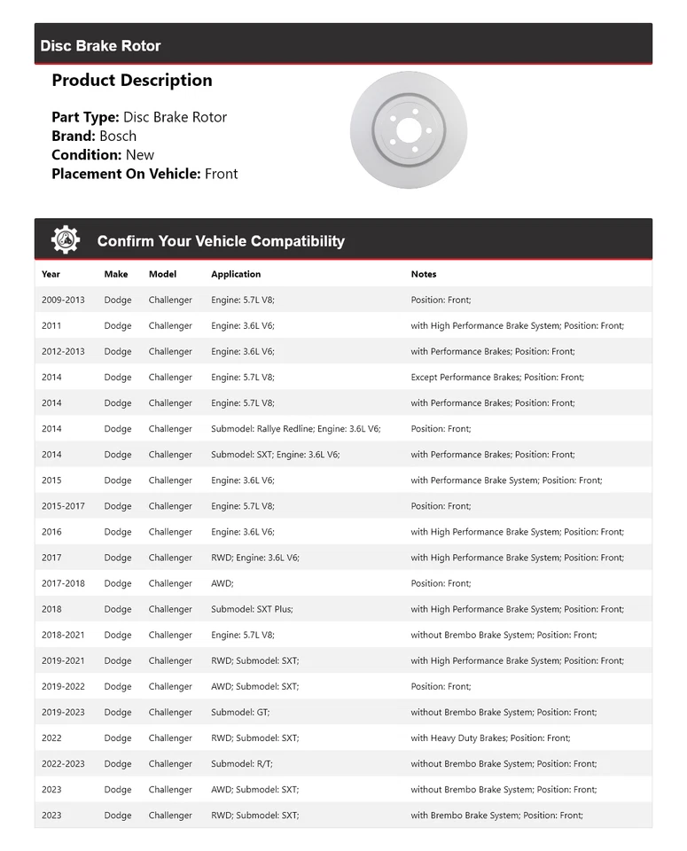 For 2009-2023 Dodge Challenger Bosch QuietCast Disc Brake Rotor Front 2010 2011 - Image 2 of 4