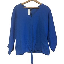 New Charlie B Blue Linen Blend Blouse Top Ties Size Large V-neck Roll Tab Sleeve