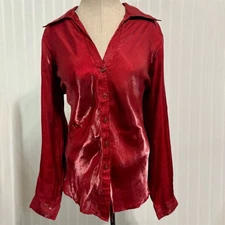 VTG Y2K Fashion Bug Plus Size 14/16 Red Metallic Shine Button Down Shirt Blouse