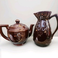 Vintage Japanese Tea Set Teapot  Creamer Hand Painted Floral Brown Moriage