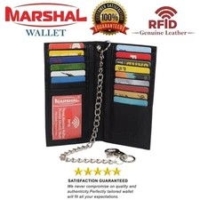 RFID Blocking Chain Wallets for Men Biker Long Bifold Genuine Leather Wallet wit