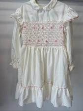 Vintage Girls POLLY FLINDERS Dress Sz 6 Pink Ivory Off White Smocked Long Sleeve