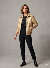 St John Gold Metallic Lambs Leather Silk 80s Retro Shimmer Bomber Zip Jacket M