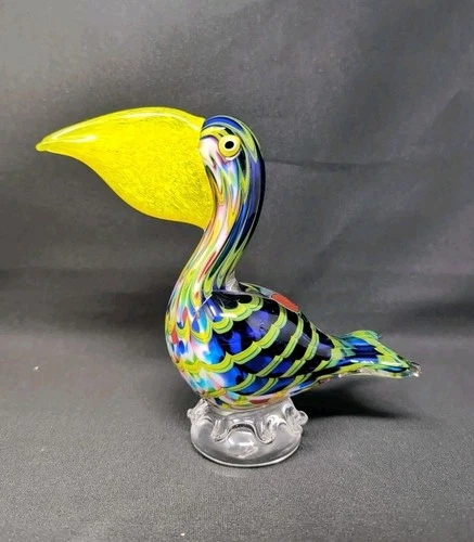 BRIGHT & CHEERY! 7½" Murano Glass Pelican BIRD Blue & Yellow VINTAGE