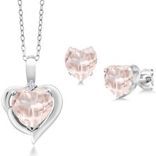 925 Sterling Silver Rose Rose Quartz Pendant Necklace Earrings Set For Women