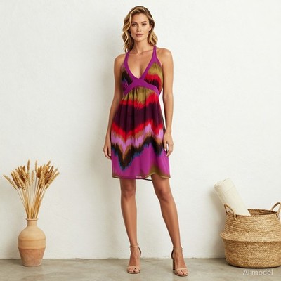 Evening Boho Knee Length Dress Multi Abstract Chiffon Shift Sleeveless Tie US 6