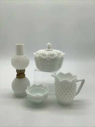 Lot Of 4 Vintage Fenton Hobnail Milk Glass Pieces Candy Dish/Creamer/Lamp/Bowl