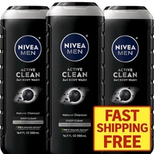 Nivea Men Active Clean 3-in-1 Body Wash Charcoal 16.9 fl oz Pack of 3 New