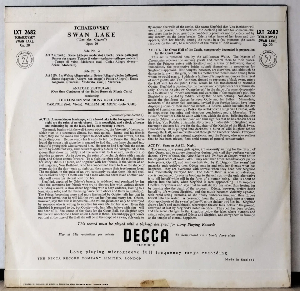 DECCA LXT 2681/82 UK TCHAIKOVSKY, FISTOULARI SWAN LAKE MONO ED 1 2LP's - Image 2 of 4