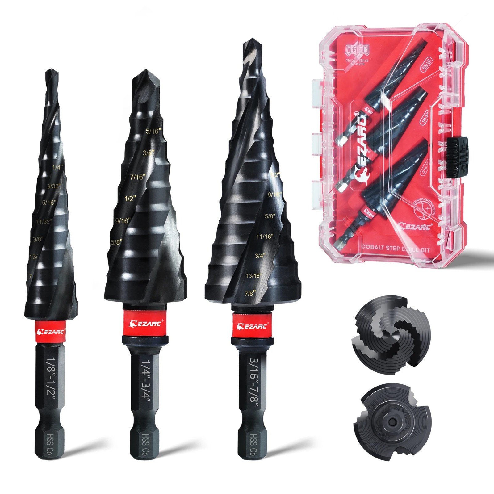 EZARC 3-Piece AlTiN-Coated Step Drill Bit Set for Metal, M35 Cobalt HSS, 1 8