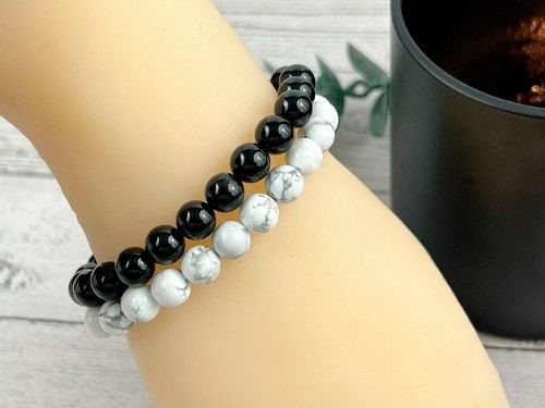 Black Onyx & Howlite Smooth Round Gemstone Beaded Bracelets 6-8'' Men & Women - Picture 2 of 16