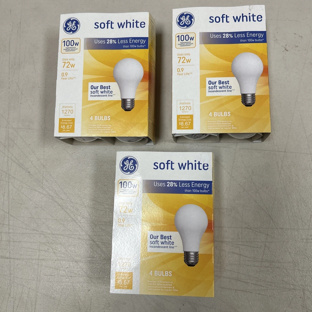 GE 100Watt Soft White 1270 Lumens Light Bulbs A19 Dimmable3 Packs Total 12 Bulbs