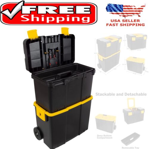Portable Tool Organizer with Wheels - Ergonomic Fold-Down Handle in Black/Yellow