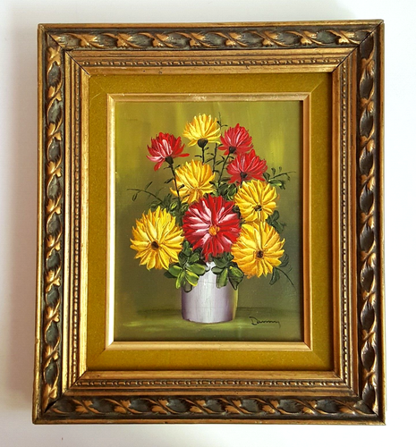 VTG Floral Oil Painting Yellow Red Flowers Antique Gold Wood Frame Signed