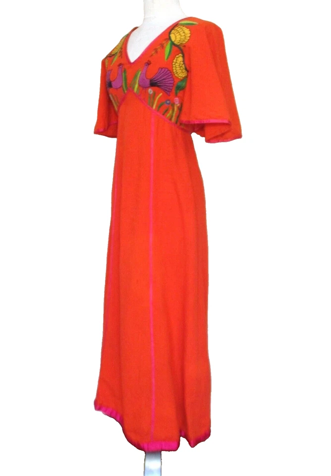 Maxi Vestido Mexicano Vintage Años 60 Gonzalo Bauer Girasol Naranja Bordado Algodón Foto 3 de 4