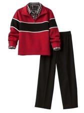 Van Heusen Boys 3-Piece Outfit Red Sweater Plaid Shirt  Black Pants