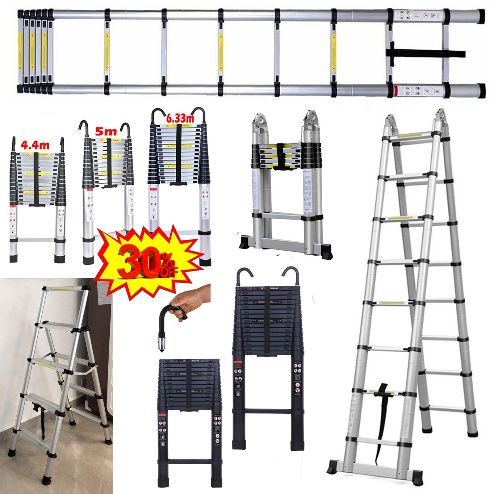 Aluminium Multi-Purpose Telescopic Ladder Extension Roof Climb Steps Tall EN131
