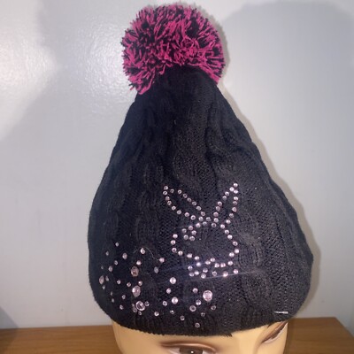 Black and Pink Rhinestone Pom-Pom Beanie Black Beanie with Pink Rhinestones, Bows and PomPom main image 2