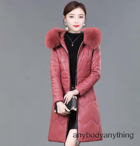 M-7XL Womens Fox Fur Collar Hooded Real Leather Down Jacket Thicken Warm Outwear - Picture 12 of 25