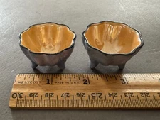 PAIR OF BLUE ORANGE LUSTERWARE FOOTED OPEN SALT CELLARS MARKED JAPAN VTG