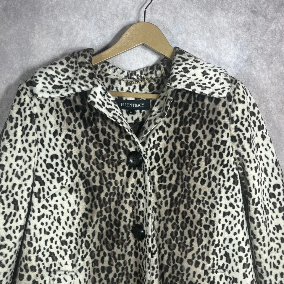 Ellen Tracy Peacoat Womens Medium Beige Leopard Print Faux Fur Button Front  - Image 2 of 4