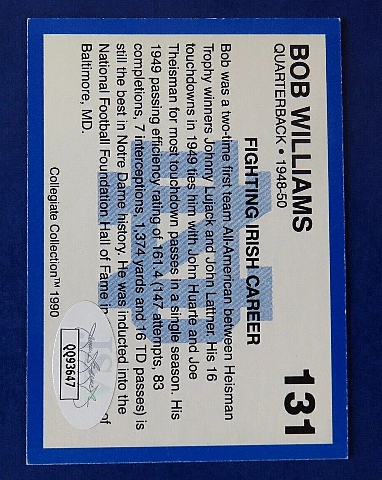 1990 Collegiate BOB WILLIAMS SIGNED NOTRE DAME FOOTBALL CARD #131 ~ JSA QQ93647 - Image 3 of 3