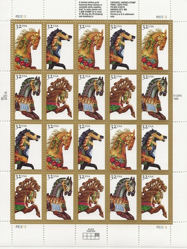 1995 32 cent Carosel Horses foglio completo di 20 Scott #2976-2979, come nuovo NH