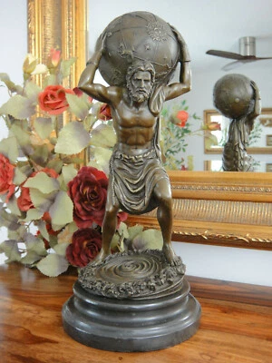 Estatua de bronce Atlas mármol titanio escultura de lujo figura antigua globo mitología