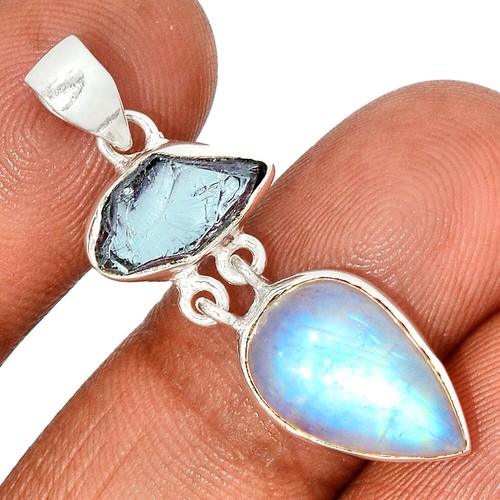 Natural Rainbow Moonstone & Aquamarine 925 Silver Pendant RHS1 CP32744