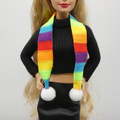 Fashion Royalty Barbie Size Doll Scarf Rainbow Stripe White Puff Ball