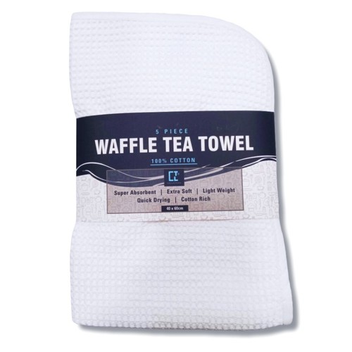 CTL® White Premium 5 Piece 100% Cotton Waffle Kitchen Tea Towels 40 x 60 cm