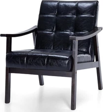 Black Leather Accent Chair for Bedroom - Midcentury Modern Accent Chair with Arm