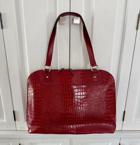 Franklin Covey Red Genuine Leather Faux Crocodile Computer Tote Wristlet Key Fob - Picture 2 of 12