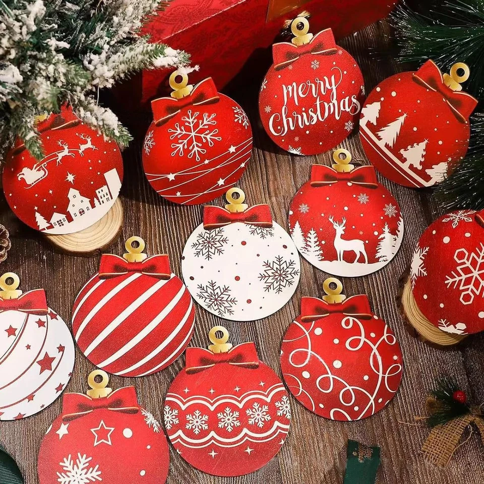 Bola de Navidad roja y blanca diseño colgante adornos de madera decoración de árbol de vacaciones Foto 4 de 4