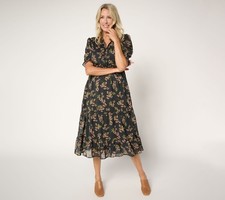 Ree by The Pioneer Woman Regular Printed Tiered Puff Sleeve Dress Black Multi L