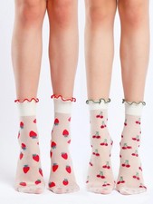 2-PACK WOMEN'S RUFFLE LETTUCE EDGE SHEER STRAWBERRY CHERRY WHITE ANKLE SOCKS