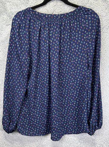 Talbots Women Large Anchor Button Up Blouse Navy Nautical Preppy V Neck Long Slv - Picture 2 of 9